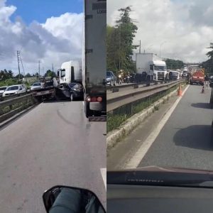 Acidente envolvendo carreta, caminhão e carro congestiona BR-101 em Bayeux; pista já liberada