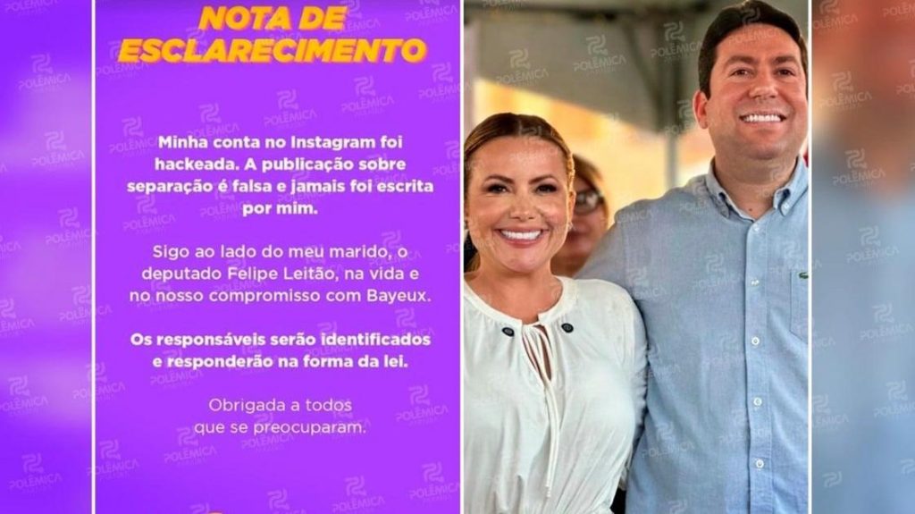 Tacyana Leitão desmente separação de Felipe Leitão e alega invasão de hackers
